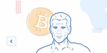 retrato ilustrado de Hall finney con moneda de bitcoin en el fondo
