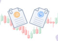 Contratos ETF de Bitcoin y Ethereum en una imagen artística con rayas de trading en el mercado.