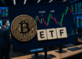 Computadora con un gráfico financiero junto a una moneda de bitcoin