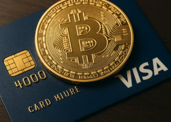 Una moneda de Bitcoin junto a una tarjeta Visa.