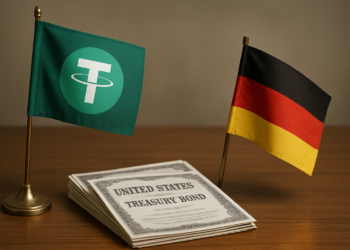 Banderas de USDT y de Alemania al lado de bonos del Tesoro estadounidense físicos, en papel.